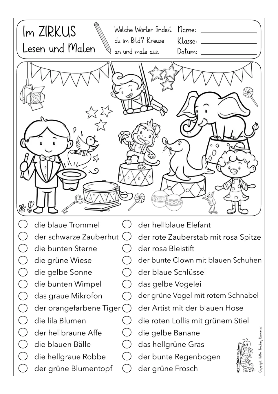 German circus coloring worksheet with 26 phrases, including die blaue Trommel (the blue drum)