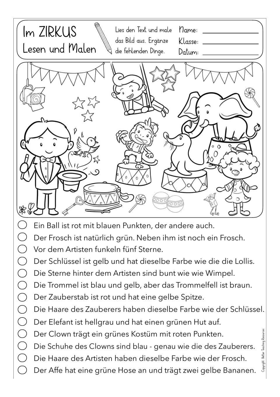 German circus worksheet with 13 instructions to color objects and add a frog, stars, a hat and a banana