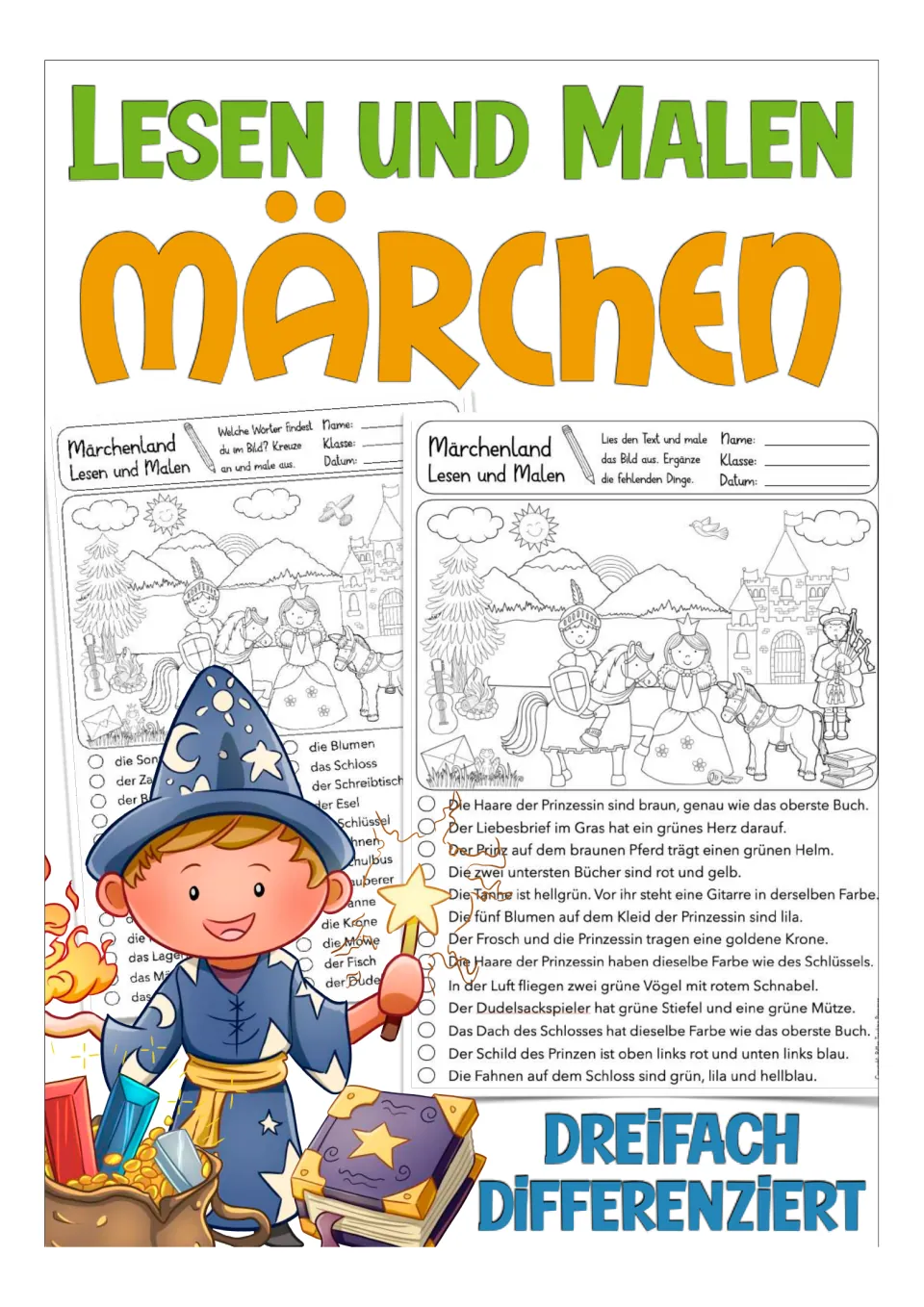 Cover for a German fairy-tale reading-and-coloring resource, showing worksheet samples and three levels