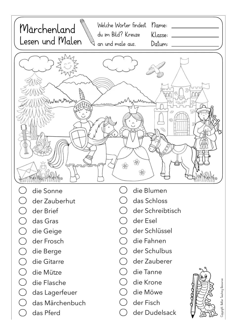 German vocabulary worksheet: identify and color a fairy-tale scene using 26 choices, including Sonne (sun)