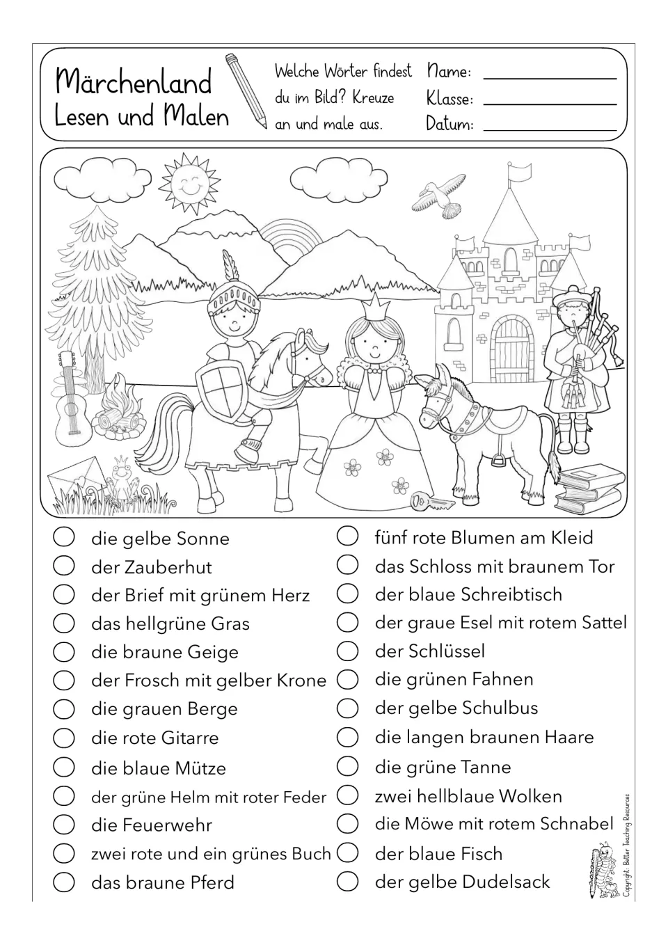 German descriptive vocabulary worksheet: 26 choices include a yellow sun, a brown horse, and green flags