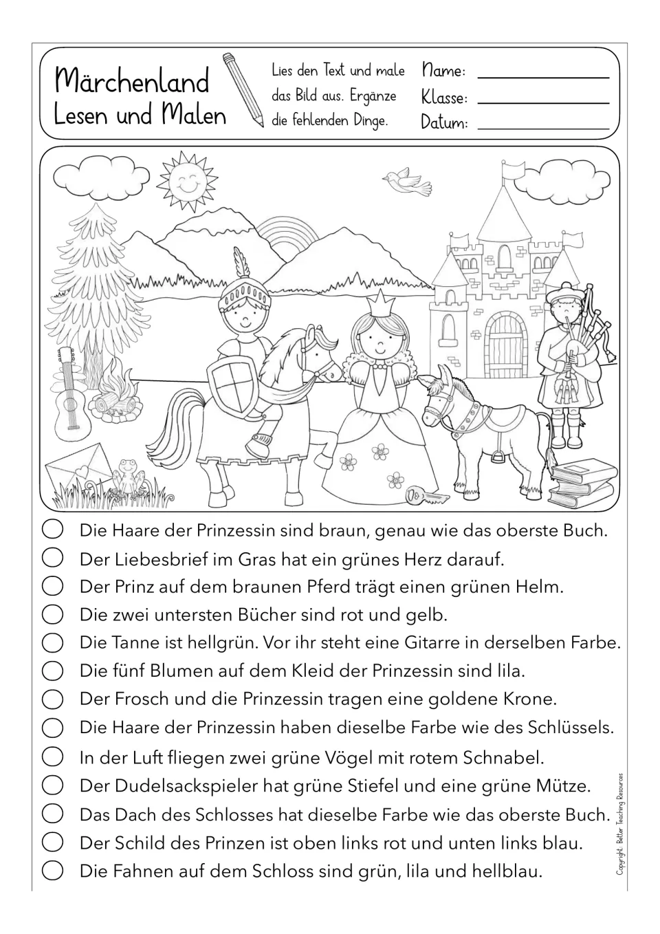 German reading worksheet: 13 instructions specify scene colors and additions, including two green birds