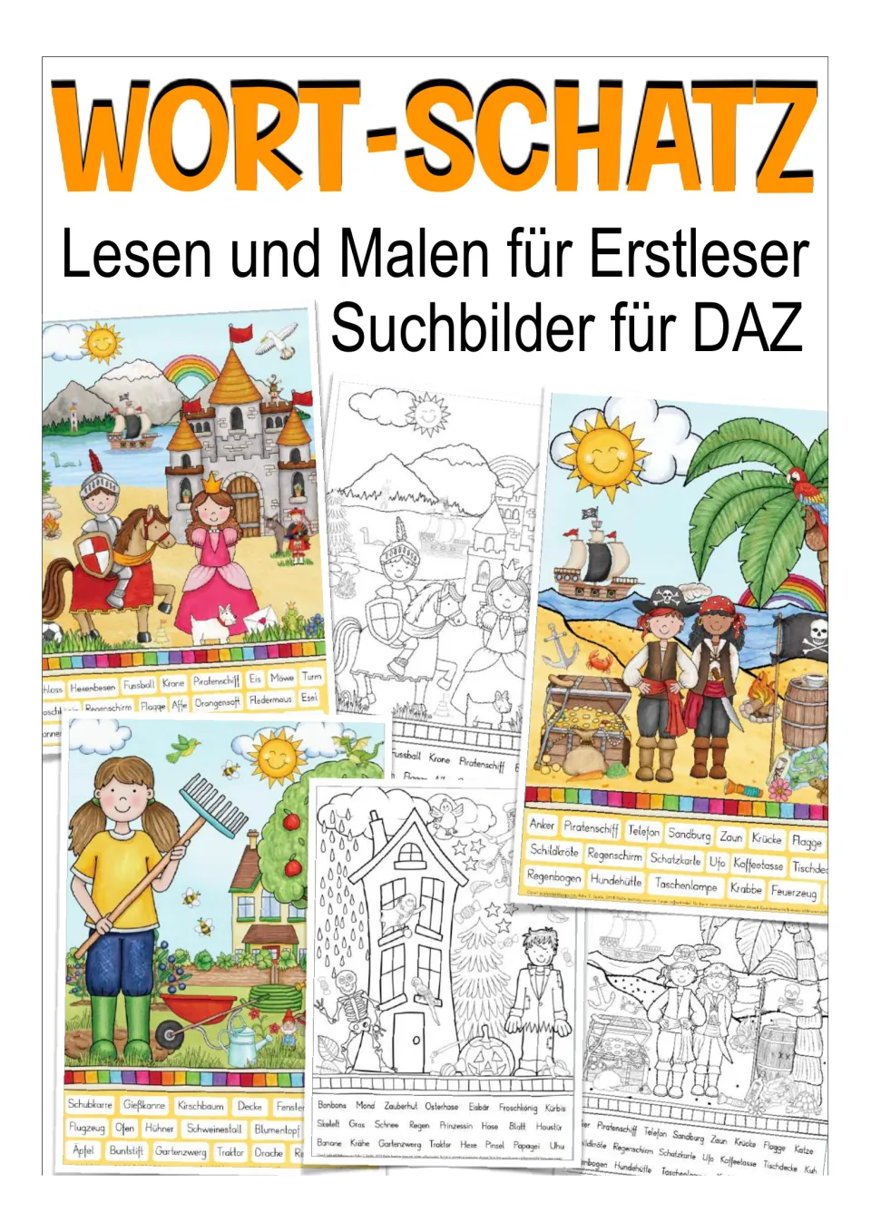German reading and coloring resource cover featuring garden, castle, and pirate vocabulary search scenes