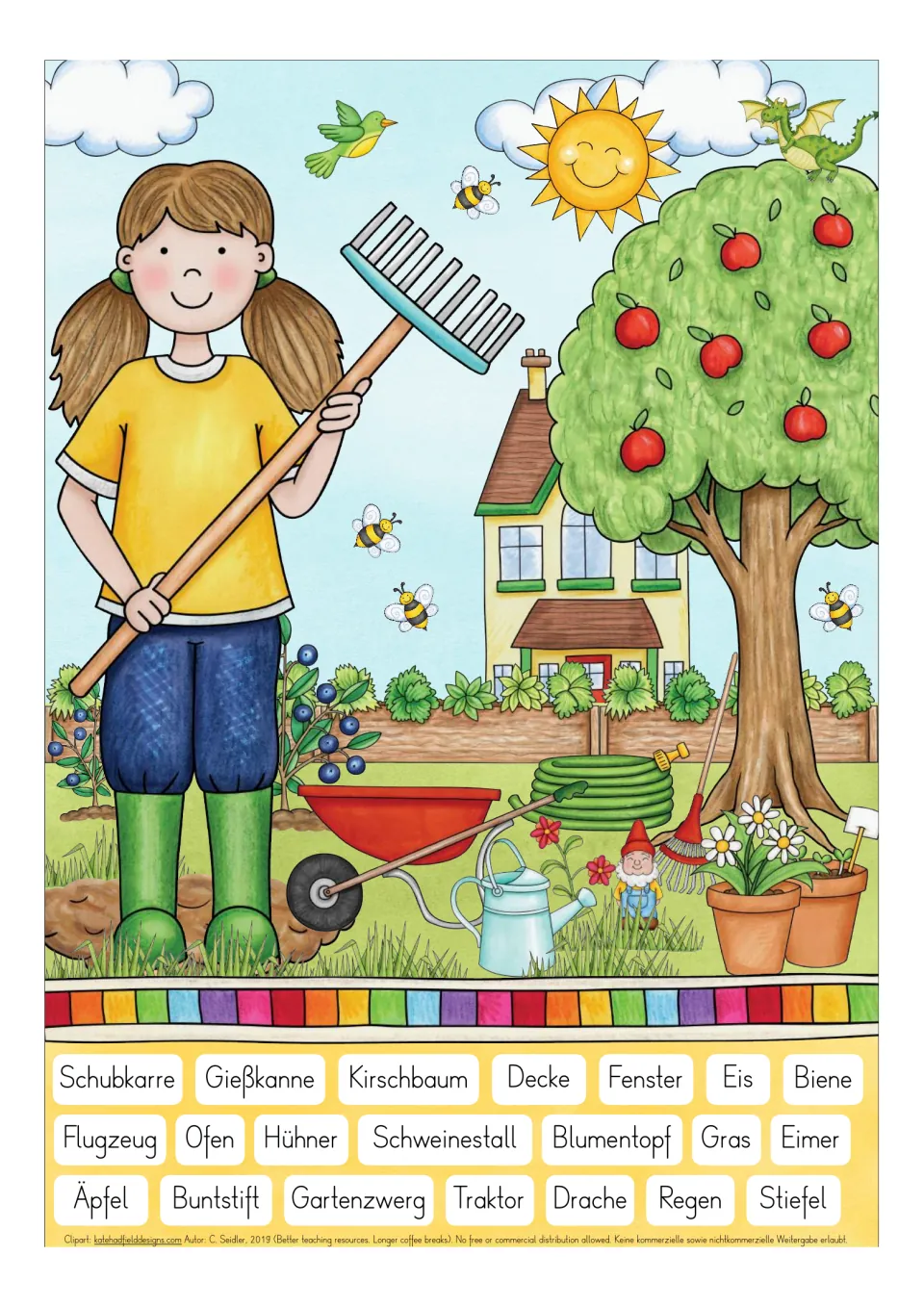 Garden vocabulary search in color: find listed items such as Gießkanne (watering can) and Äpfel (apples)