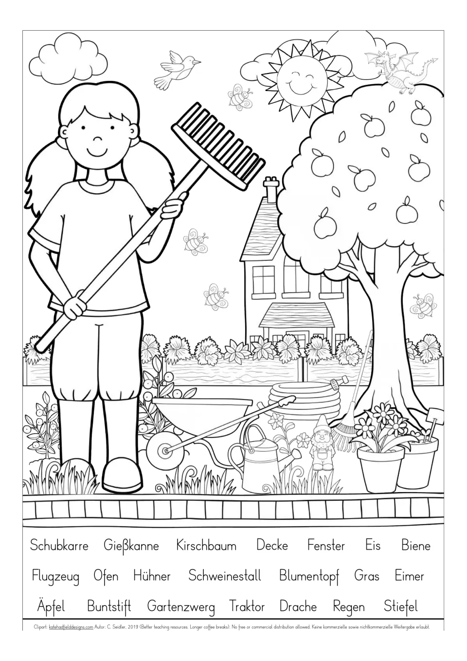 Garden vocabulary coloring search: a girl holding a rake, with words including Stiefel (boots) and Gras (grass)