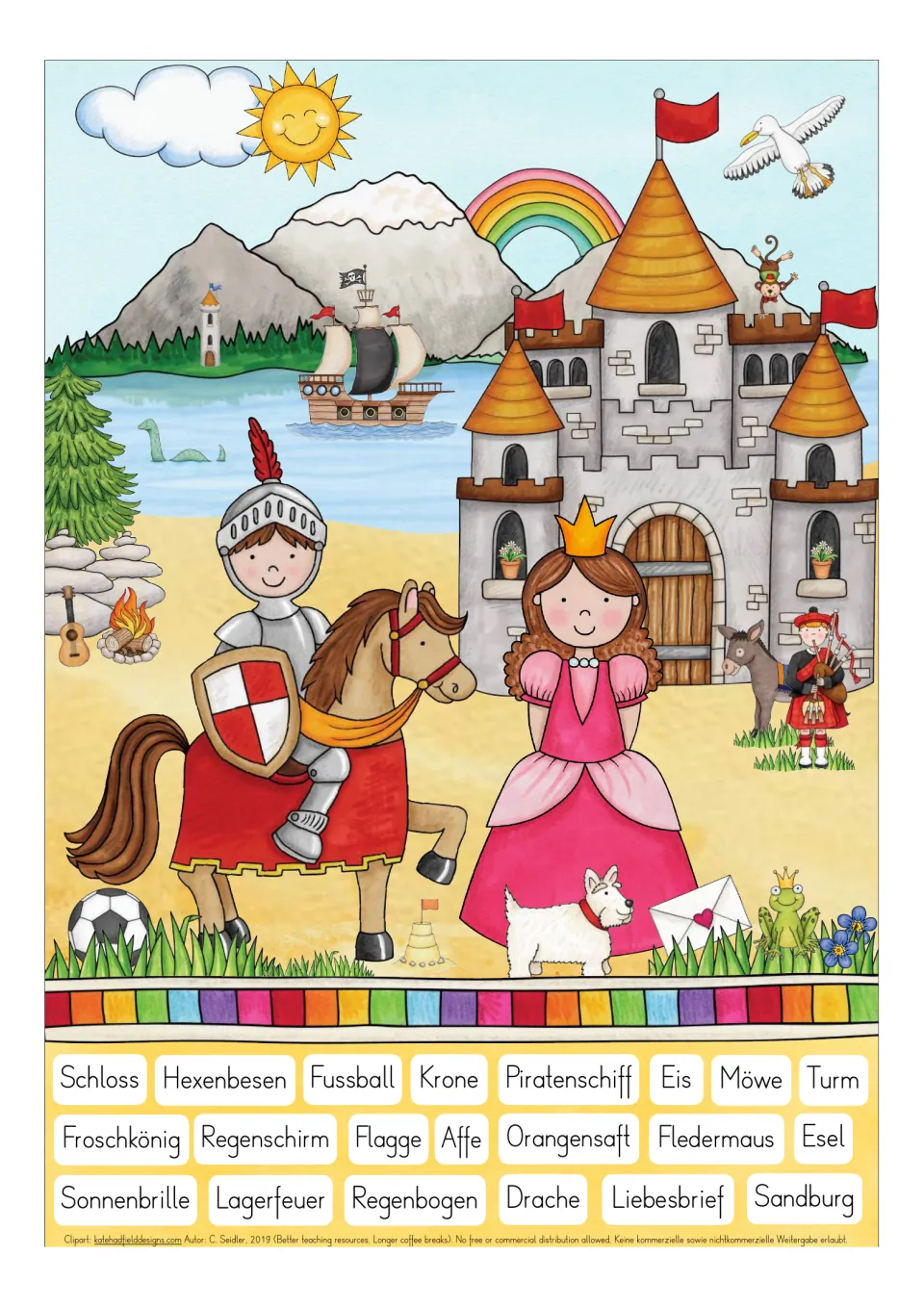 Fairy-tale vocabulary search in color: a knight and princess, with Schloss (castle) and Krone (crown)