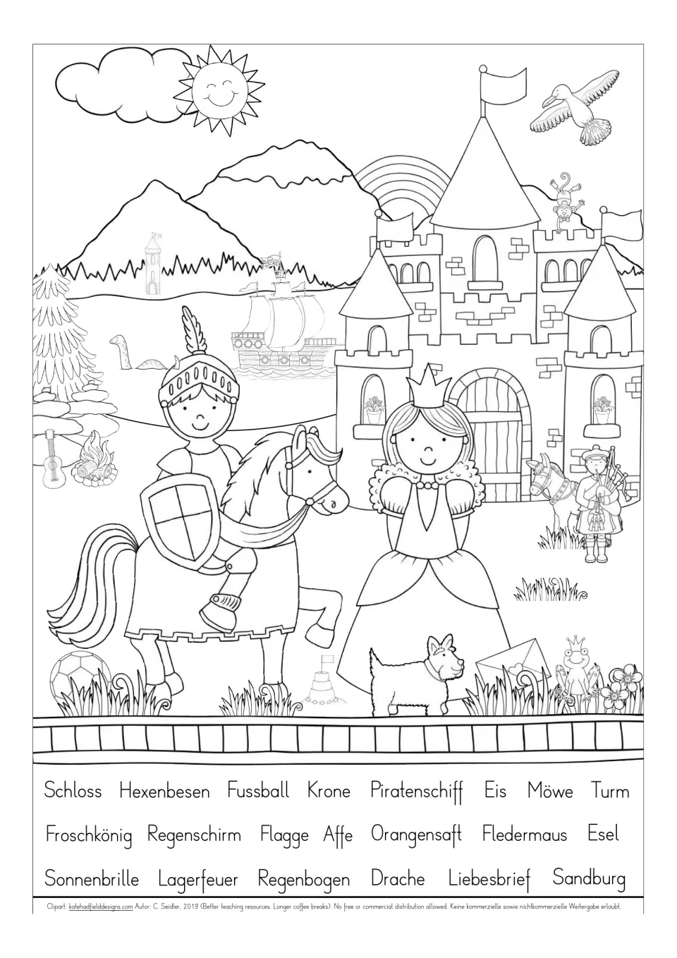 Fairy-tale vocabulary coloring search: a castle scene with words including Esel (donkey) and Affe (monkey)