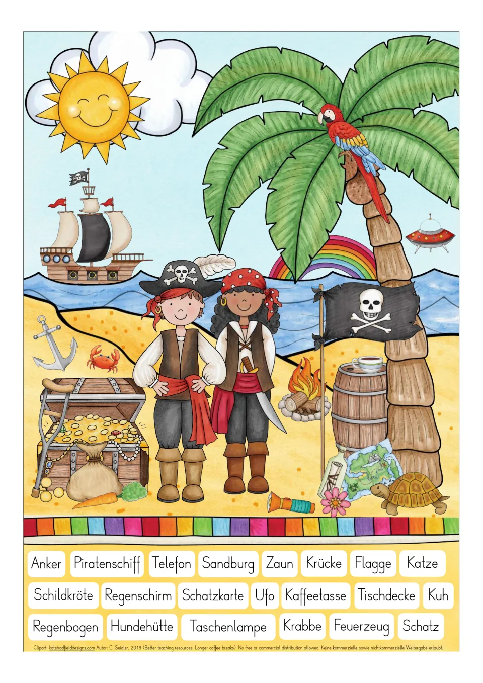 Pirate vocabulary search in color: two pirates and a treasure chest, with Anker (anchor) and Schatz (treasure)
