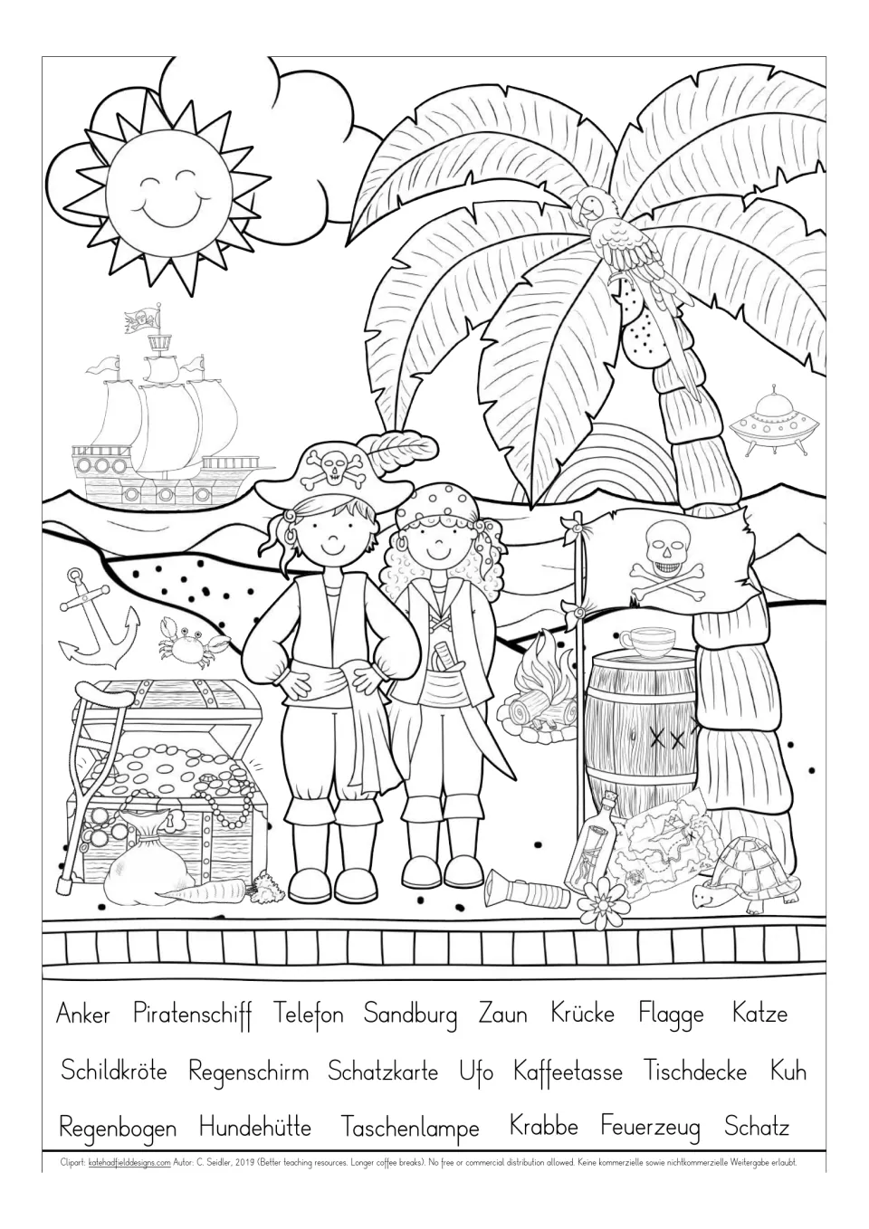 Pirate vocabulary coloring search: an island scene with words including Krabbe (crab) and Flagge (flag)