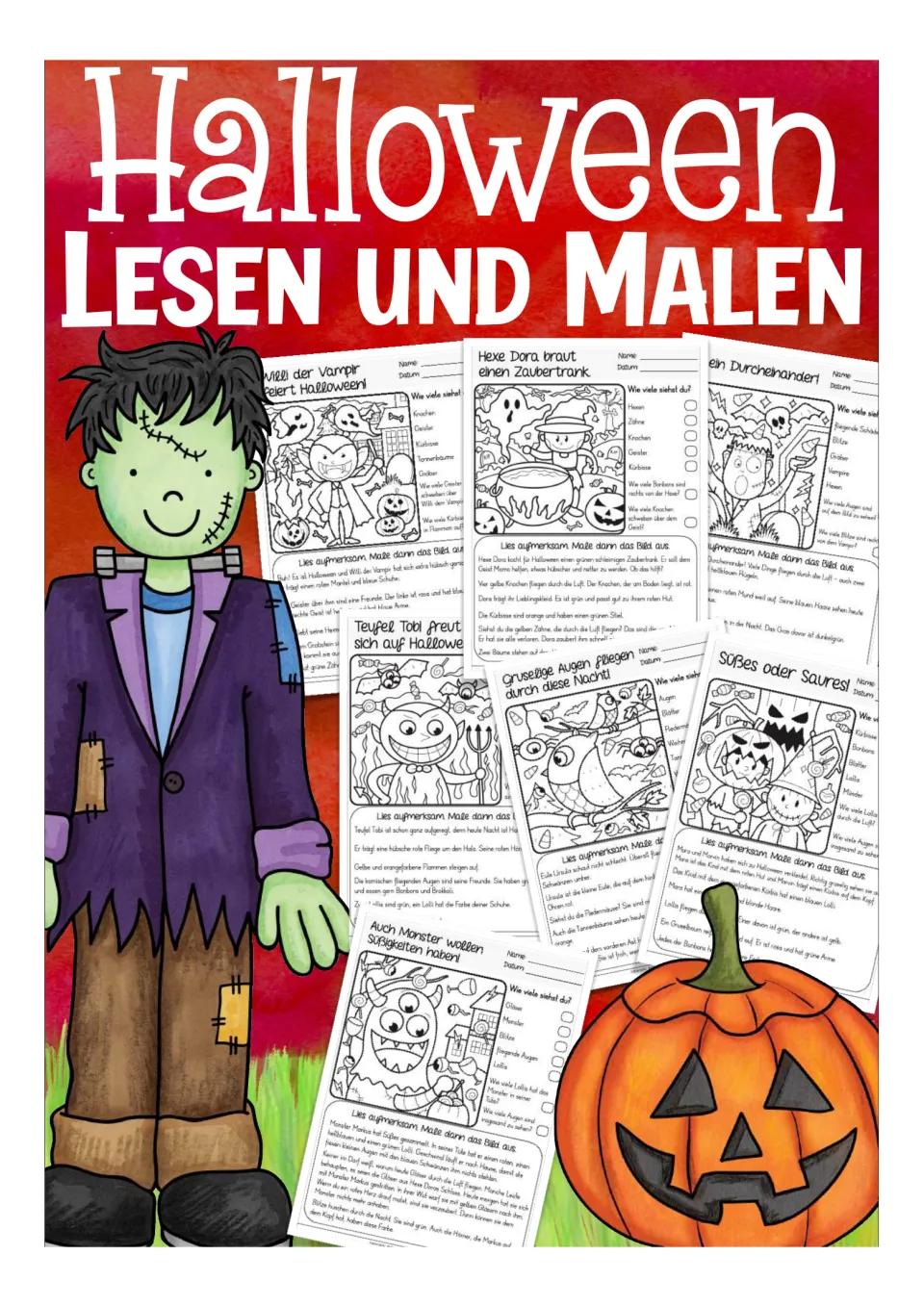 Cover of the German Halloween reading-and-coloring packet, showing samples of its seven activity sheets