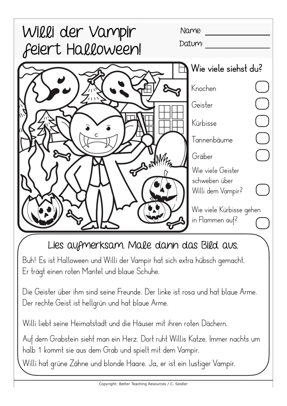 German reading-and-coloring worksheet about Willi the vampire, with questions counting ghosts, bones, and pumpkins
