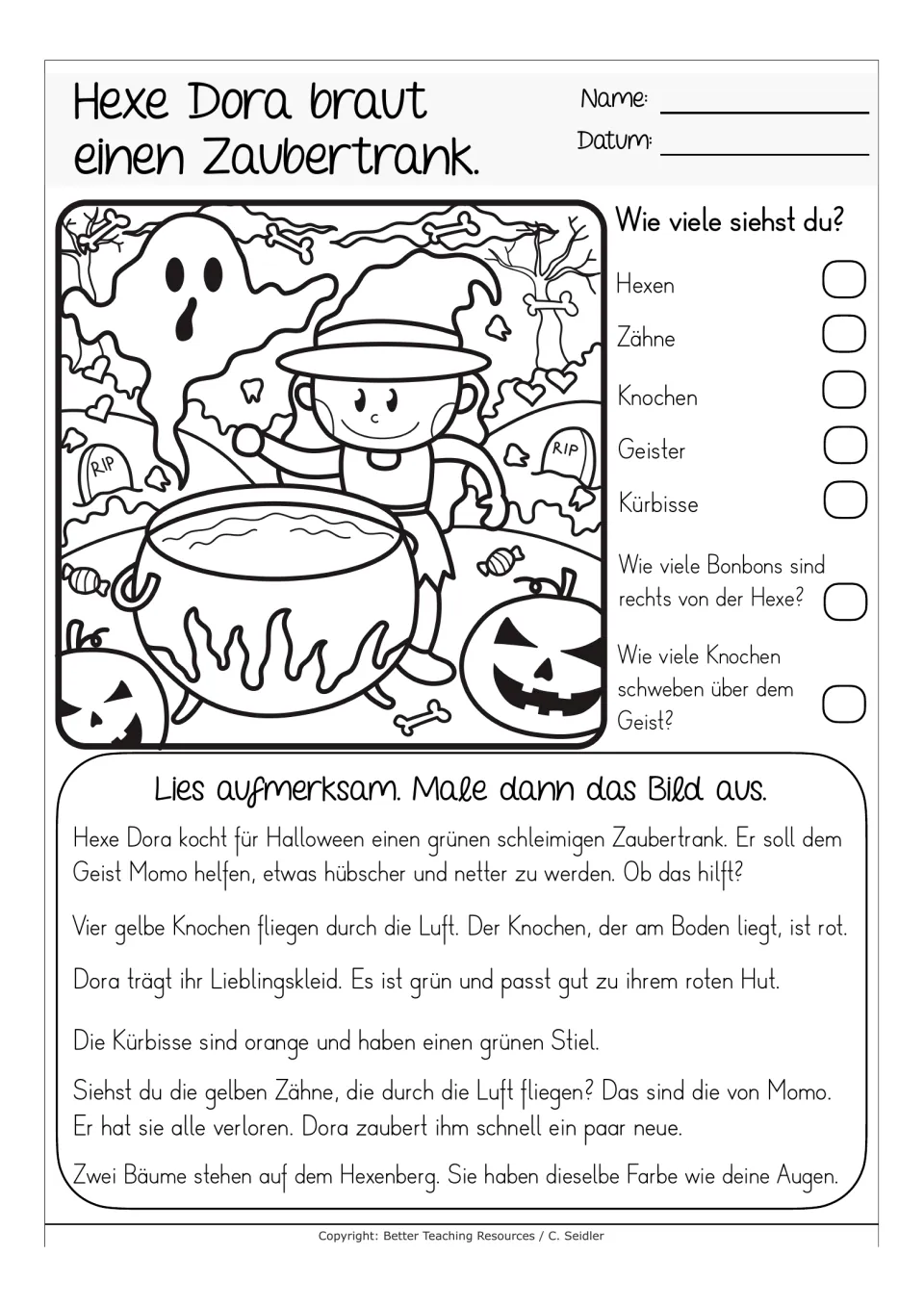 German reading-and-coloring worksheet about witch Dora brewing a potion, with counting questions about the scene