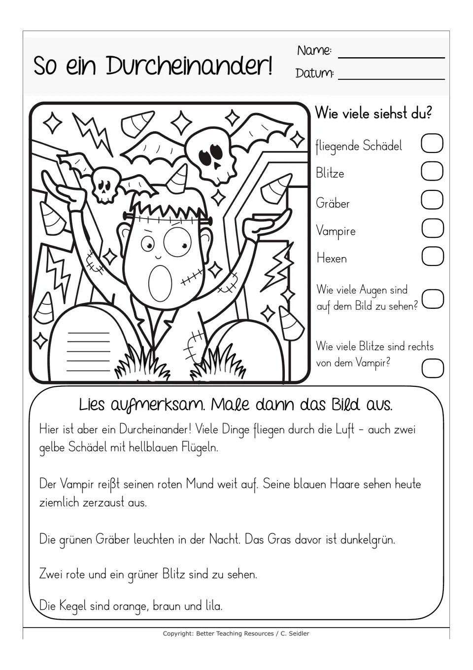 German reading-and-coloring worksheet titled 'So ein Durcheinander!' (What a mess!), featuring flying skulls