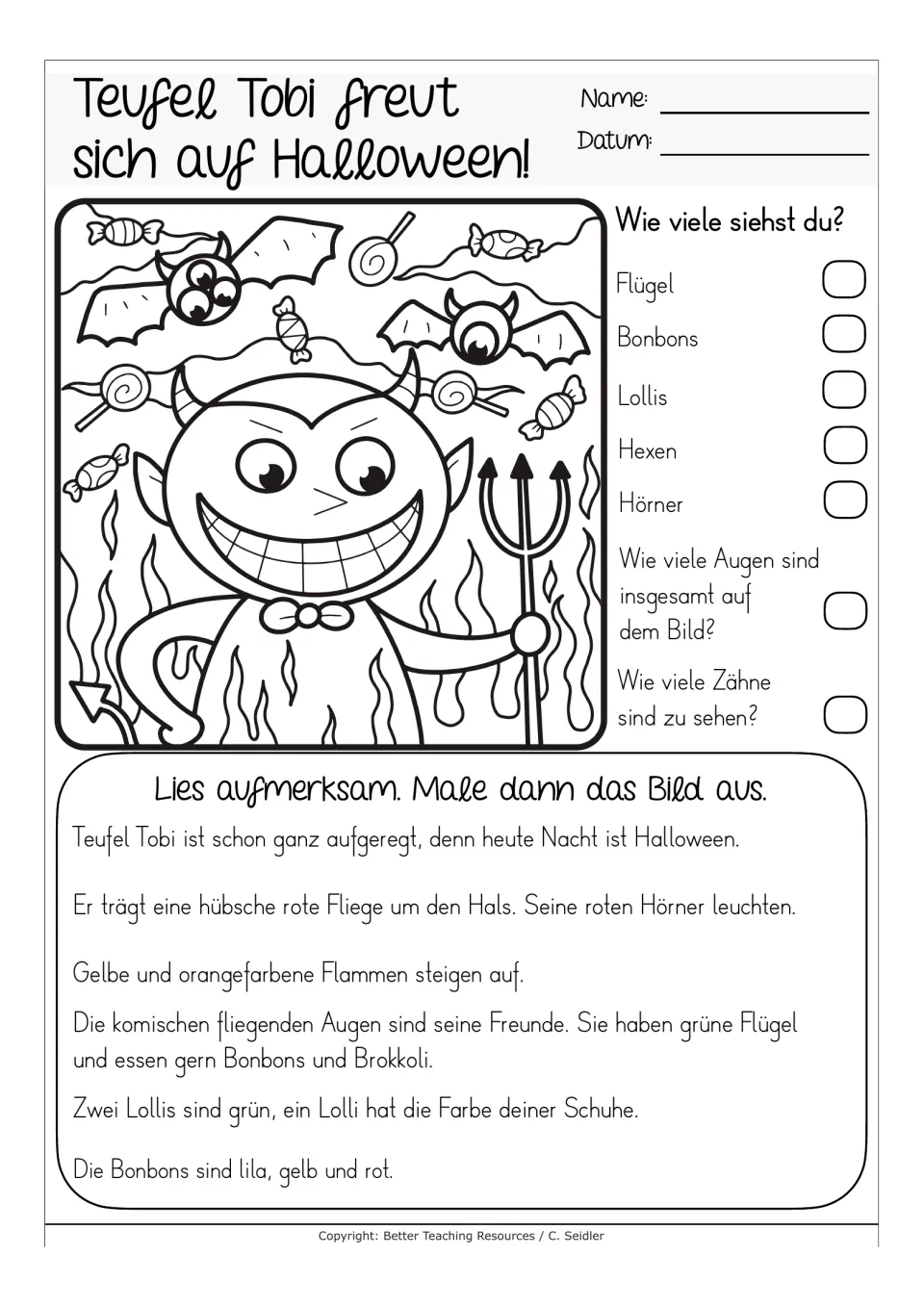 German reading-and-coloring worksheet about Tobi the devil, with questions counting wings, candy, and teeth