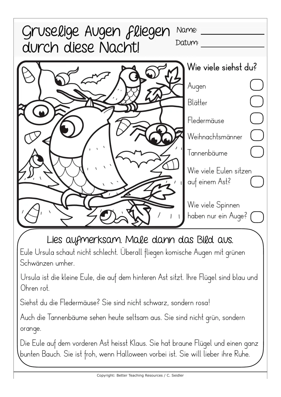 German reading-and-coloring worksheet about owls Ursula and Klaus, with questions counting eyes and spiders