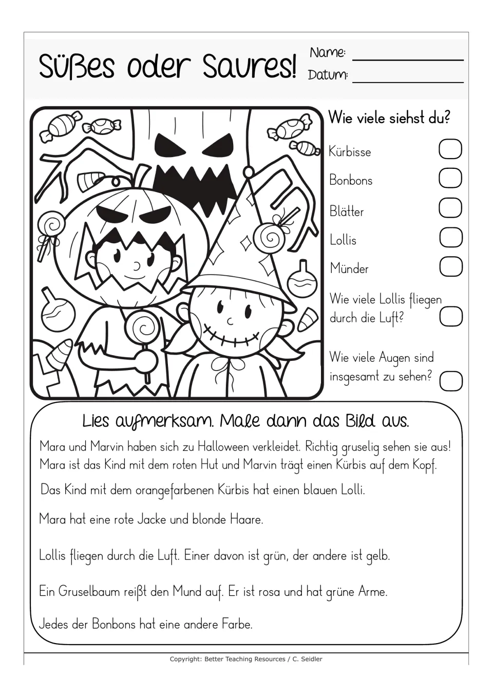 German reading-and-coloring worksheet titled 'Süßes oder Saures!' (Trick or treat!), about Mara and Marvin