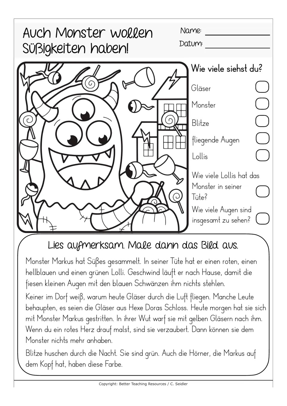 German reading-and-coloring worksheet about monster Markus collecting candy, with counting questions and flying eyes