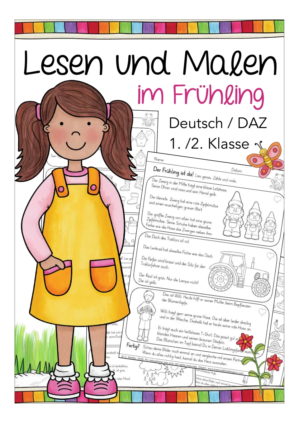 Cover of the German spring reading-and-coloring packet, labeled Deutsch / DAZ and 1. /2. Klasse