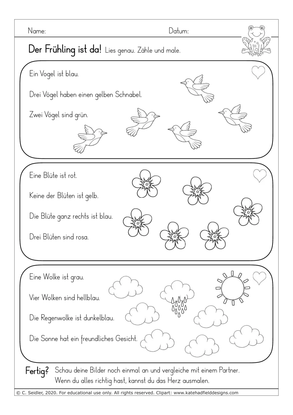 German reading-and-coloring worksheet 1: directions for coloring birds, flowers, clouds, and a sun
