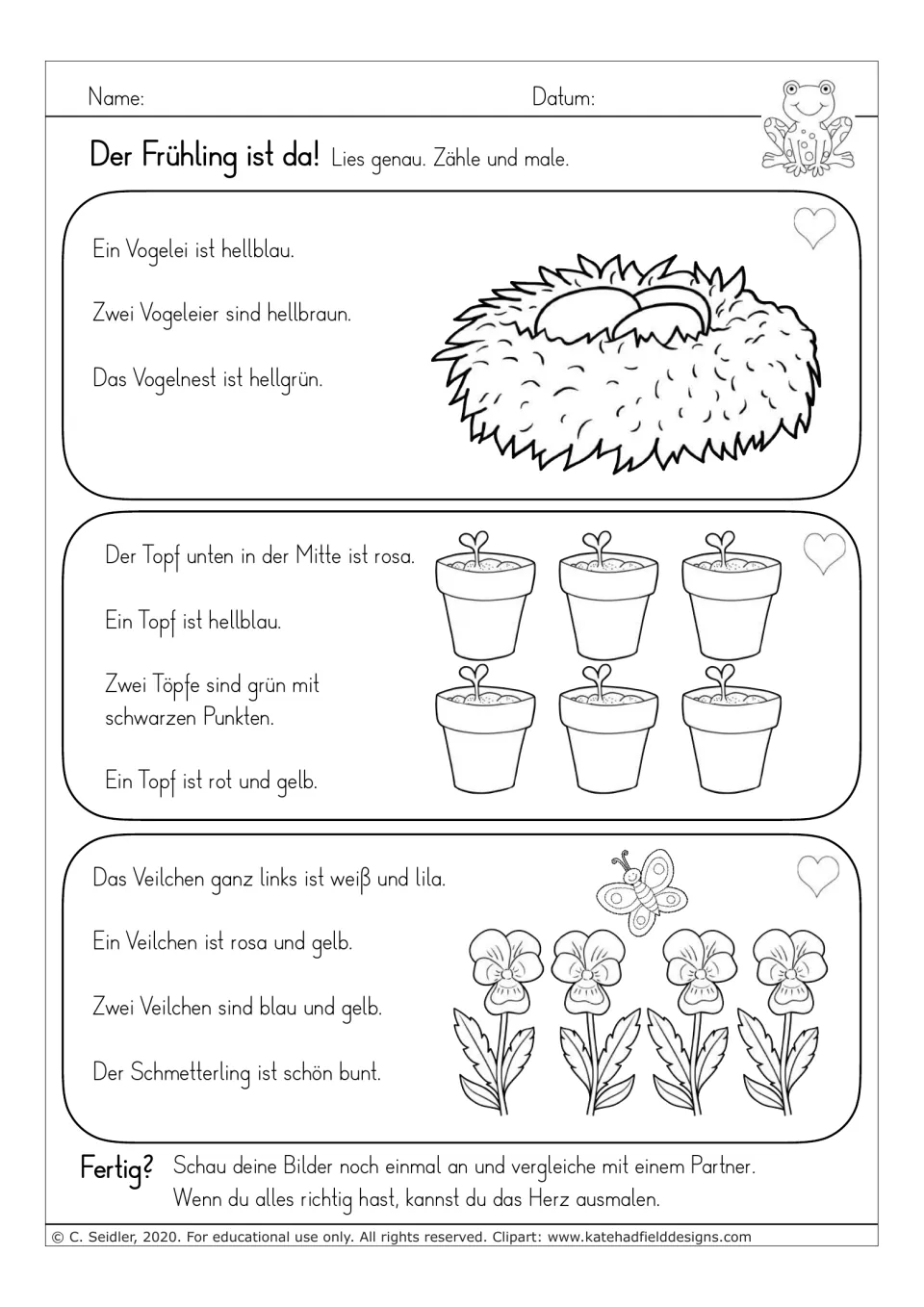 German reading-and-coloring worksheet 2: bird eggs in a nest, six plant pots, violets, and a butterfly