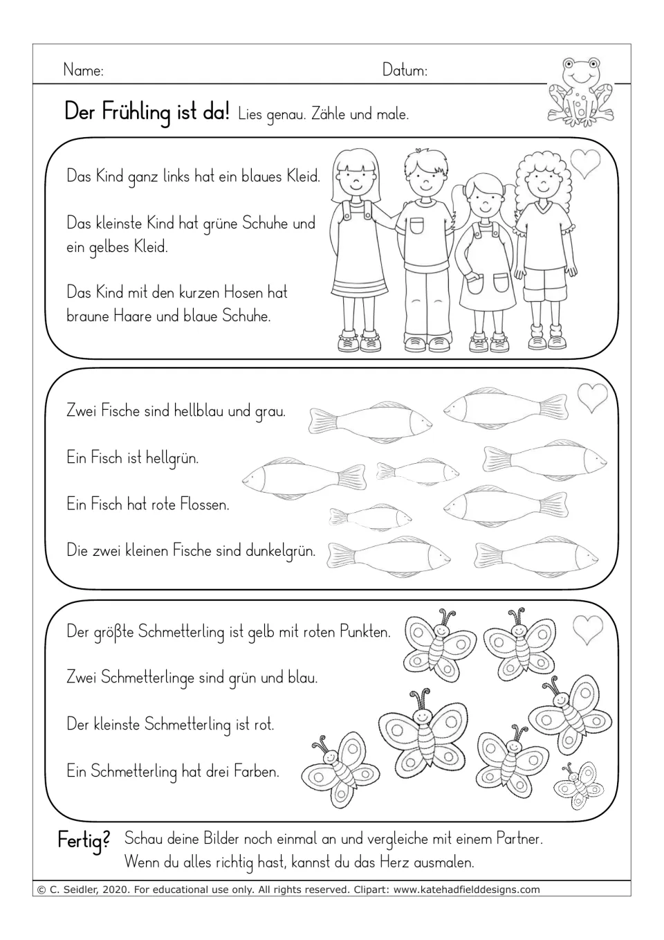 German reading-and-coloring worksheet 3: color children, fish, and butterflies using size and position clues