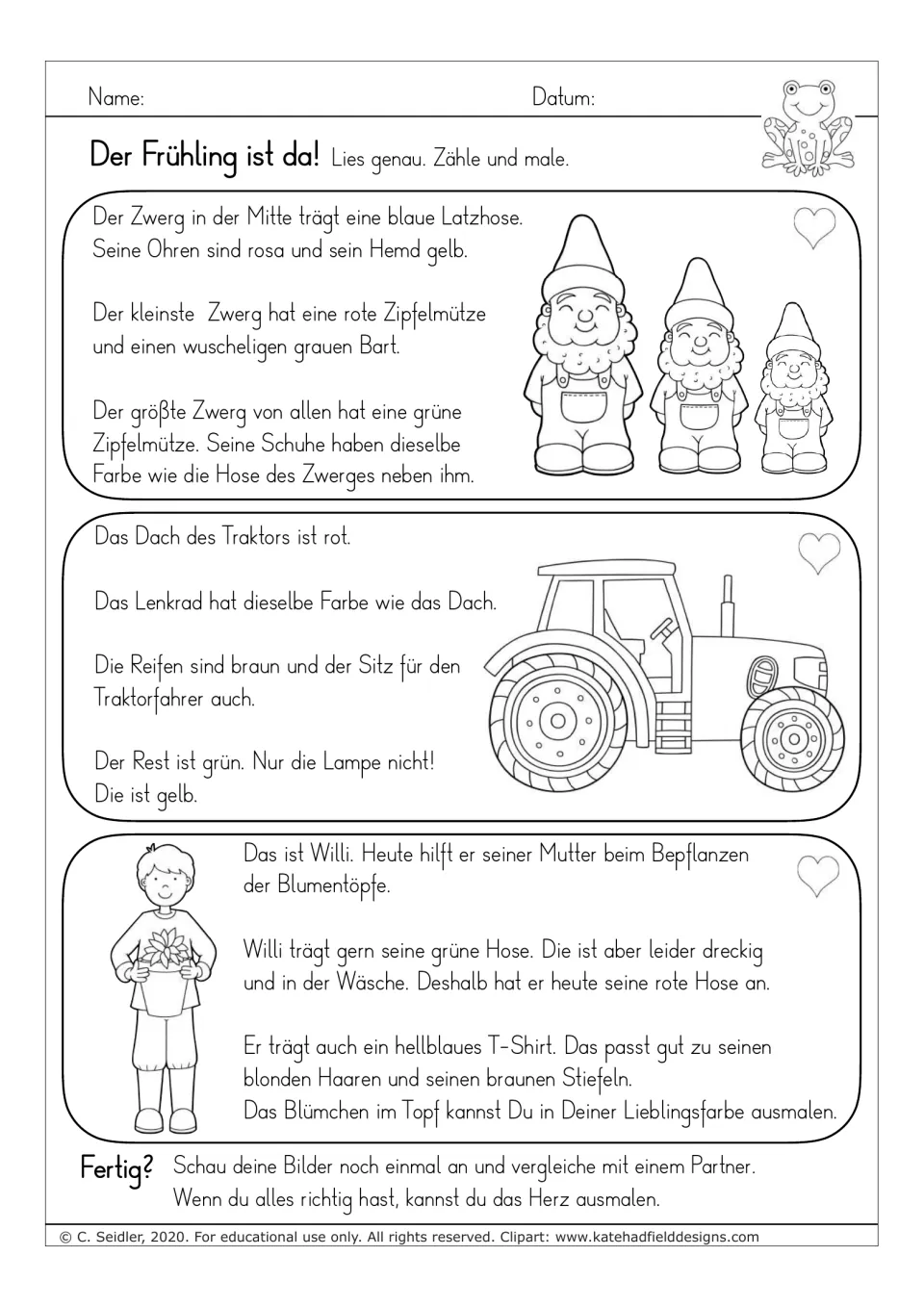 German reading-and-coloring worksheet 4: three gnomes, a tractor, and Willi helping his mother plant flowers
