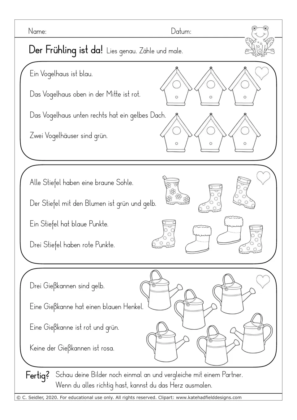 German reading-and-coloring worksheet 5: birdhouses, boots, and watering cans with color and counting clues