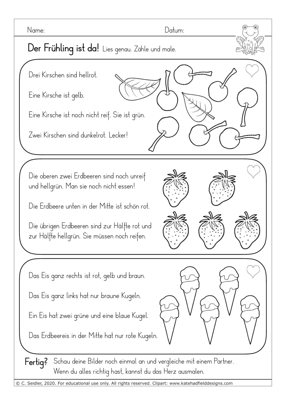 German reading-and-coloring worksheet 6: cherries, ripe and unripe strawberries, and colorful ice cream cones