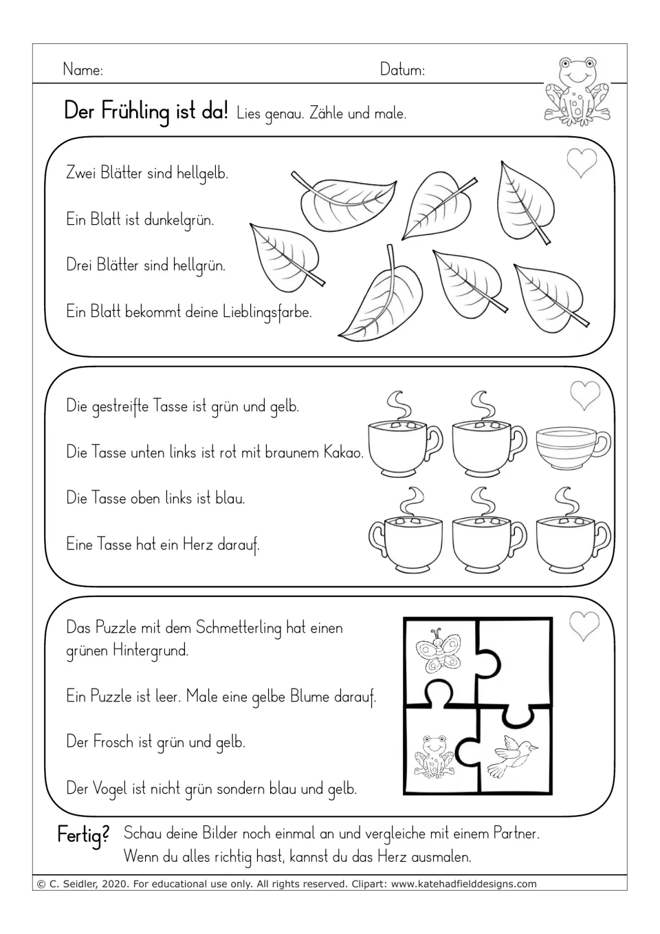 German reading-and-coloring worksheet 7: leaves, cups of cocoa, and a puzzle with a flower to draw