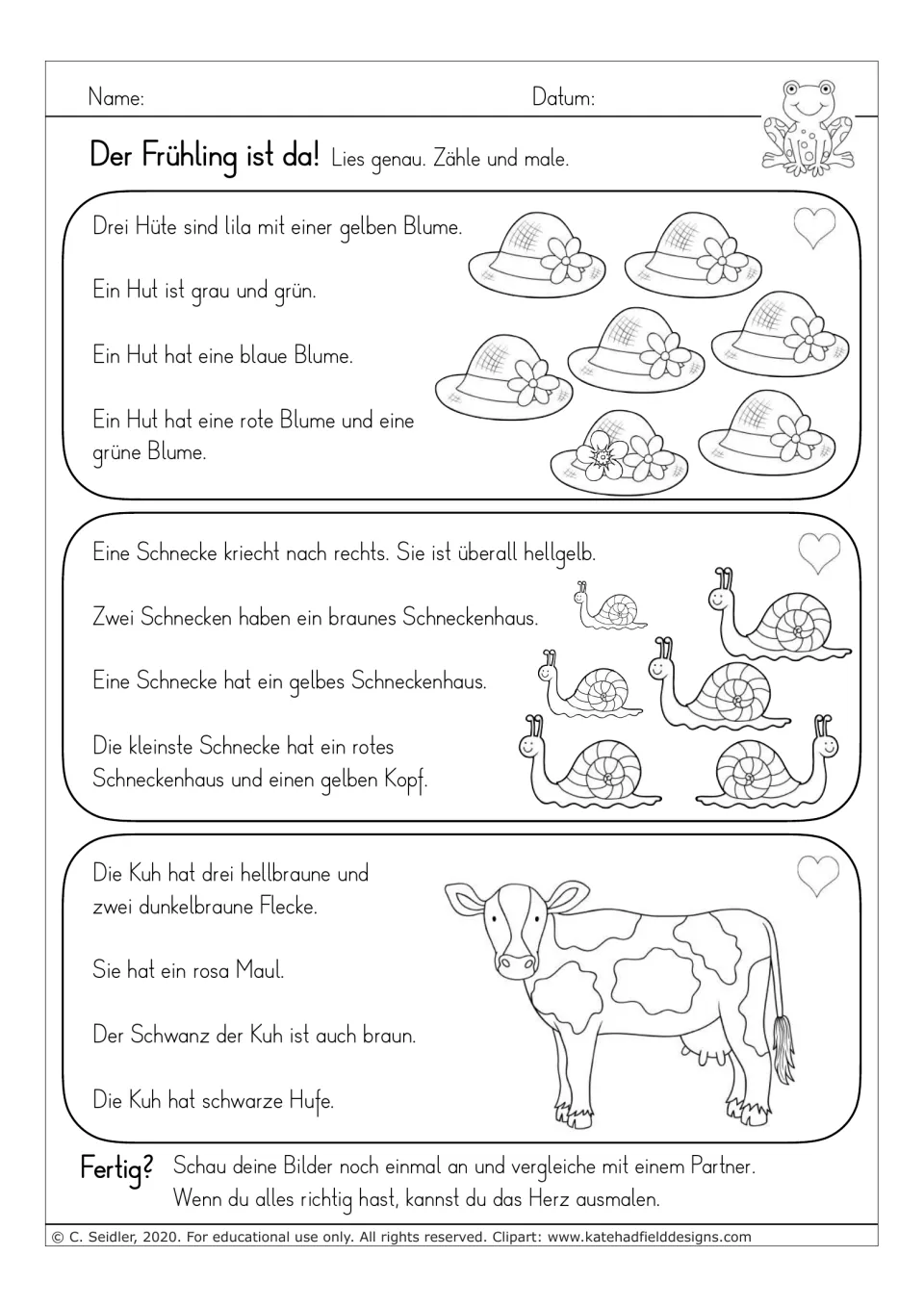 German reading-and-coloring worksheet 9: flowered hats, snails, and a cow with light and dark brown spots