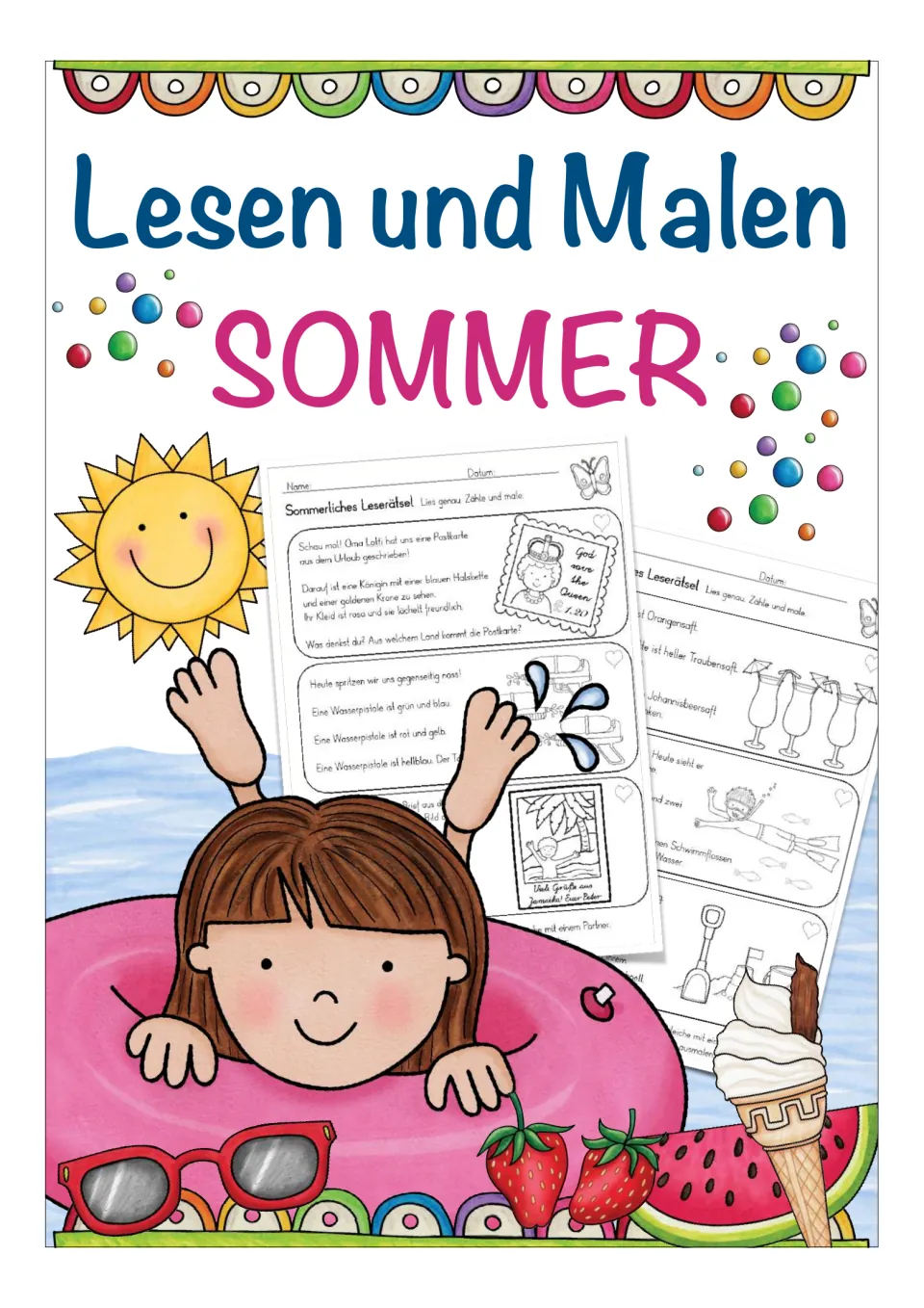 Cover of the German reading-and-coloring packet, titled Lesen und Malen Sommer (Read and Color: Summer)
