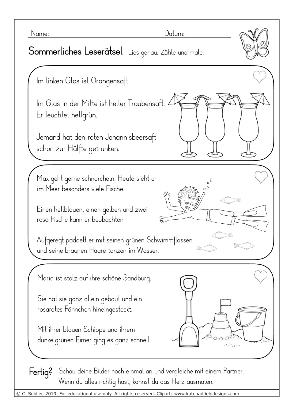 German reading-and-coloring tasks about three juice glasses, Max snorkeling among fish, and Maria's sandcastle