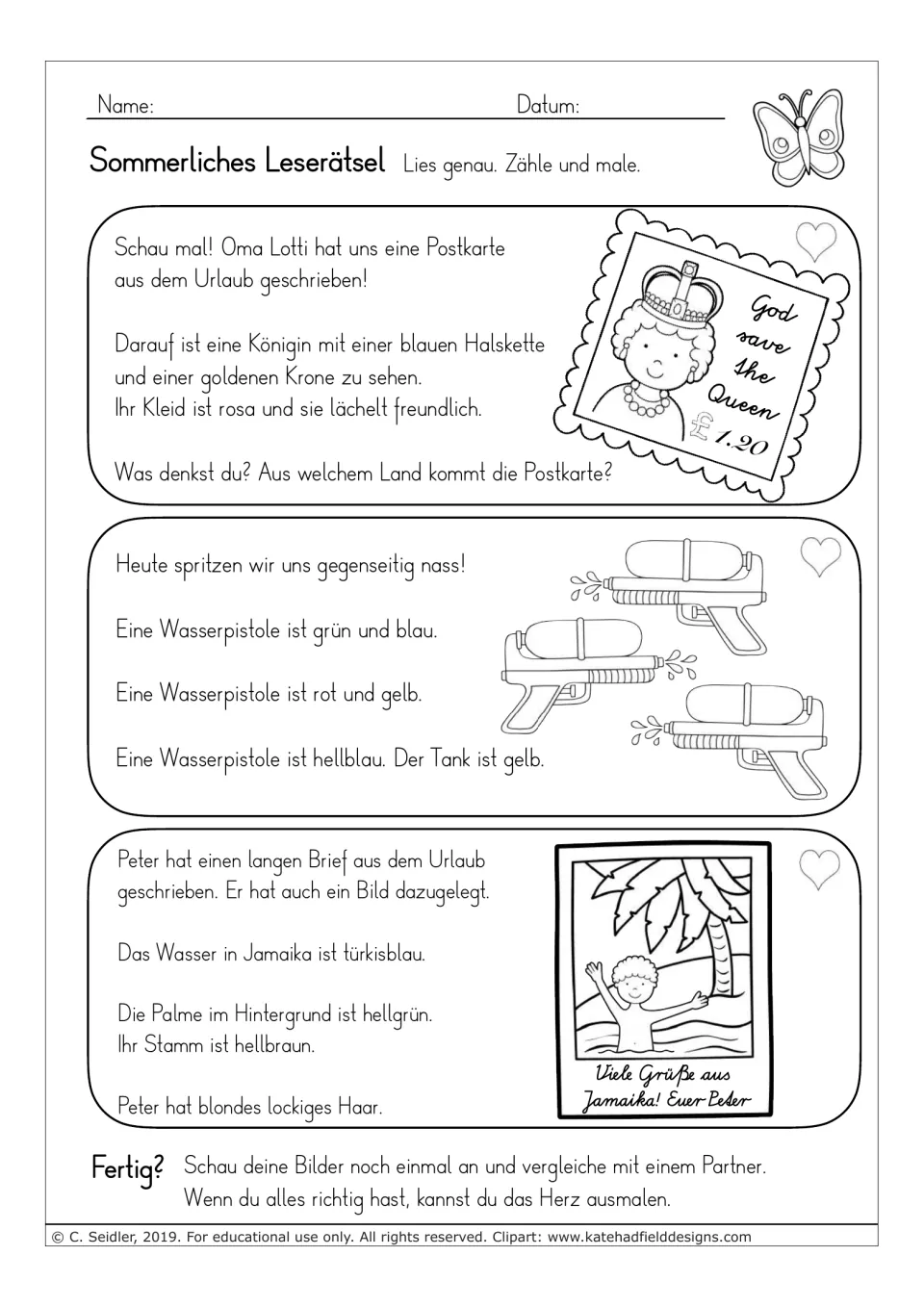 German reading-and-coloring tasks about a queen on a postcard, three water guns, and Peter's Jamaica photo