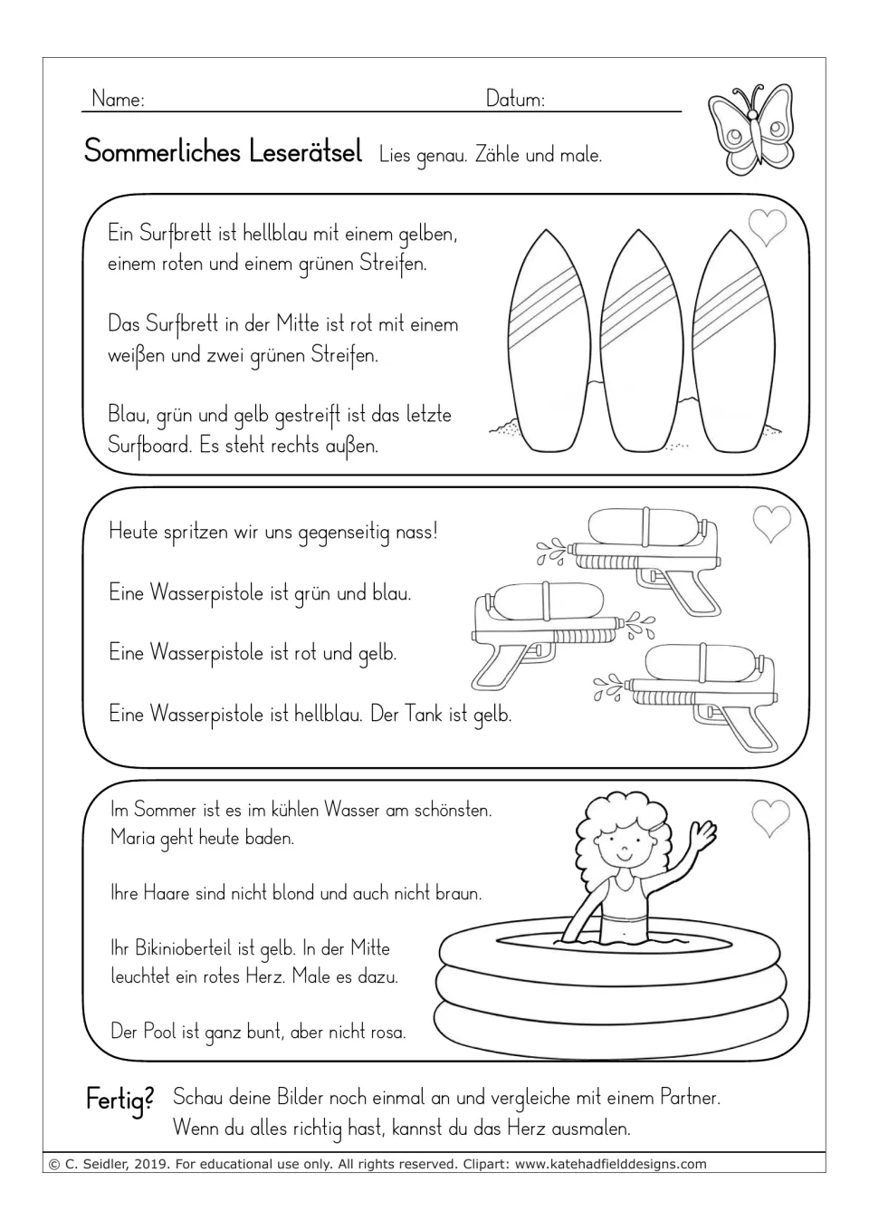German reading-and-coloring tasks about three striped surfboards, three water guns, and Maria in a pool