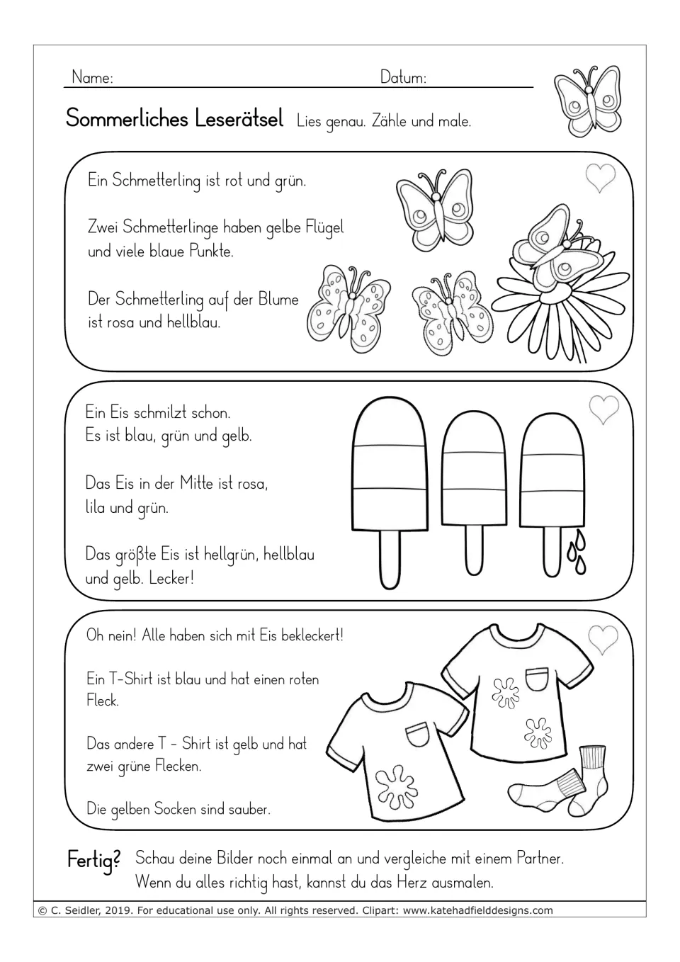 German reading-and-coloring tasks about four butterflies, three ice pops, and ice cream stains on shirts