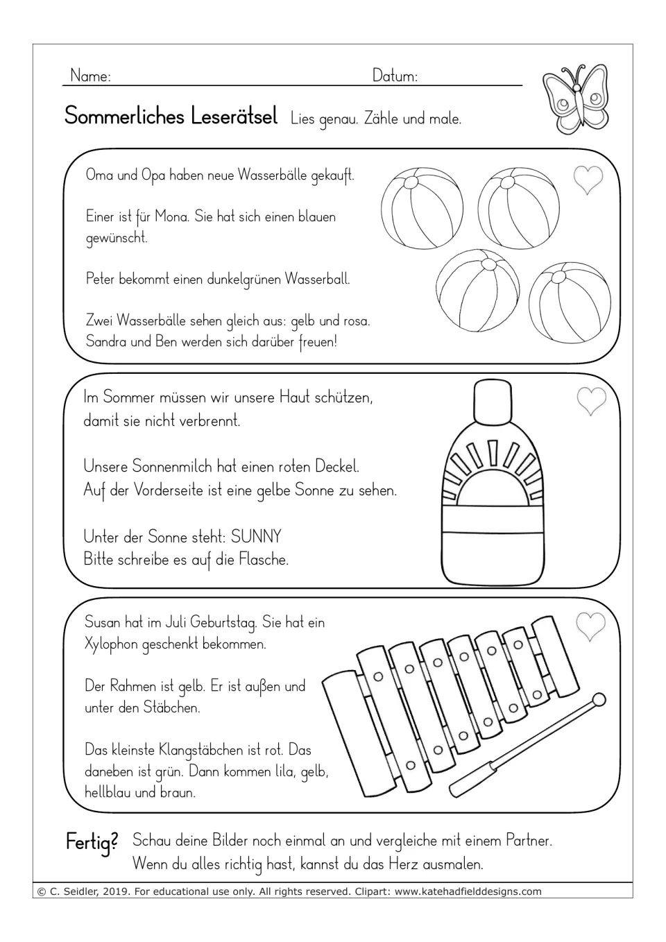 German reading-and-coloring tasks about four beach balls, sunscreen labeled SUNNY, and Susan's xylophone