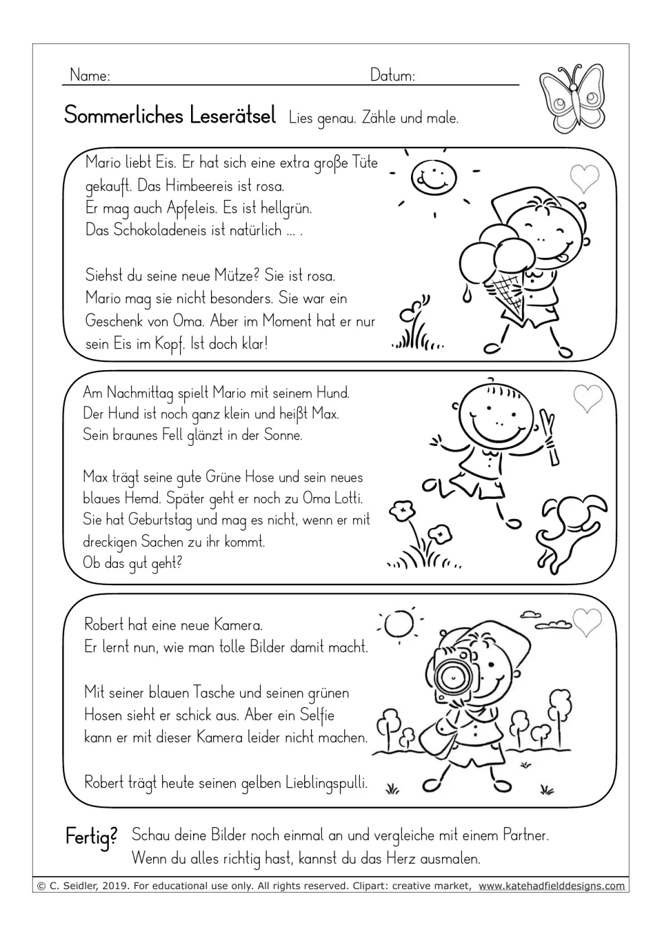 German reading-and-coloring tasks about Mario's ice cream, a boy playing with a dog, and Robert's camera