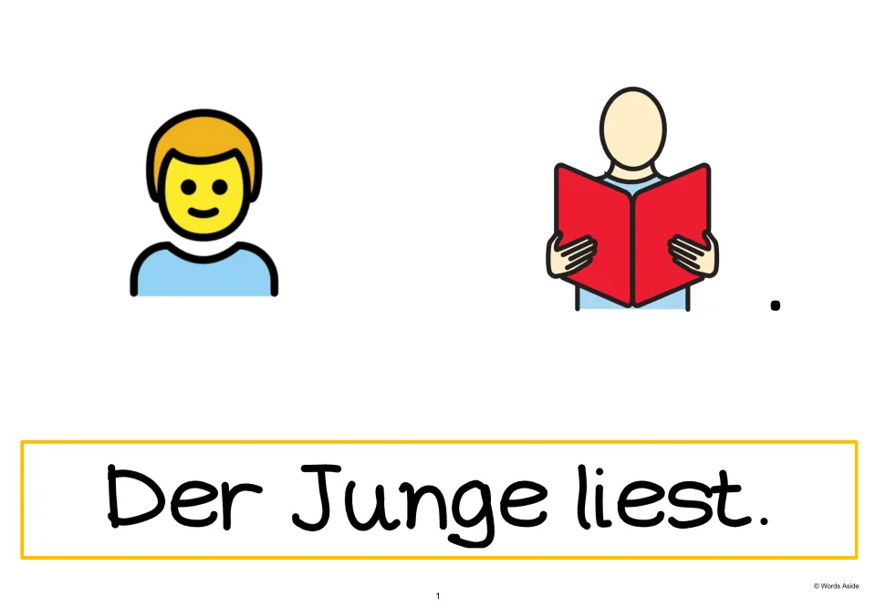 German AAC sentence-building page 1: “Der Junge liest.” (The boy reads), with boy and reading symbols