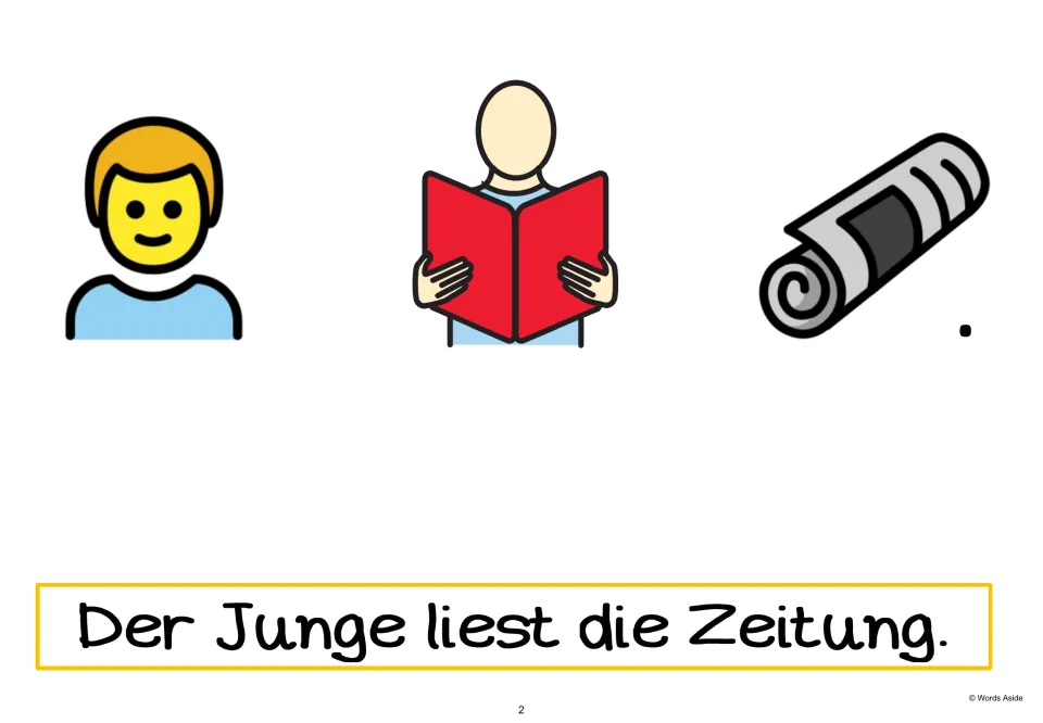 German AAC sentence-building page 2: “Der Junge liest die Zeitung.” (The boy reads the newspaper)