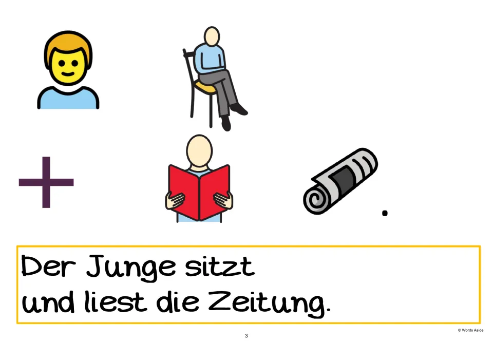 German AAC sentence-building page 3: “Der Junge sitzt und liest die Zeitung.” with sitting and reading cues
