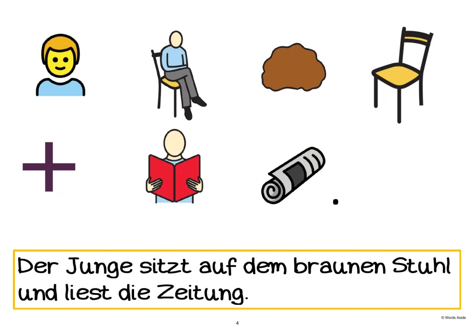 German AAC sentence-building page 4: the boy sits on the brown chair and reads the newspaper, with symbols