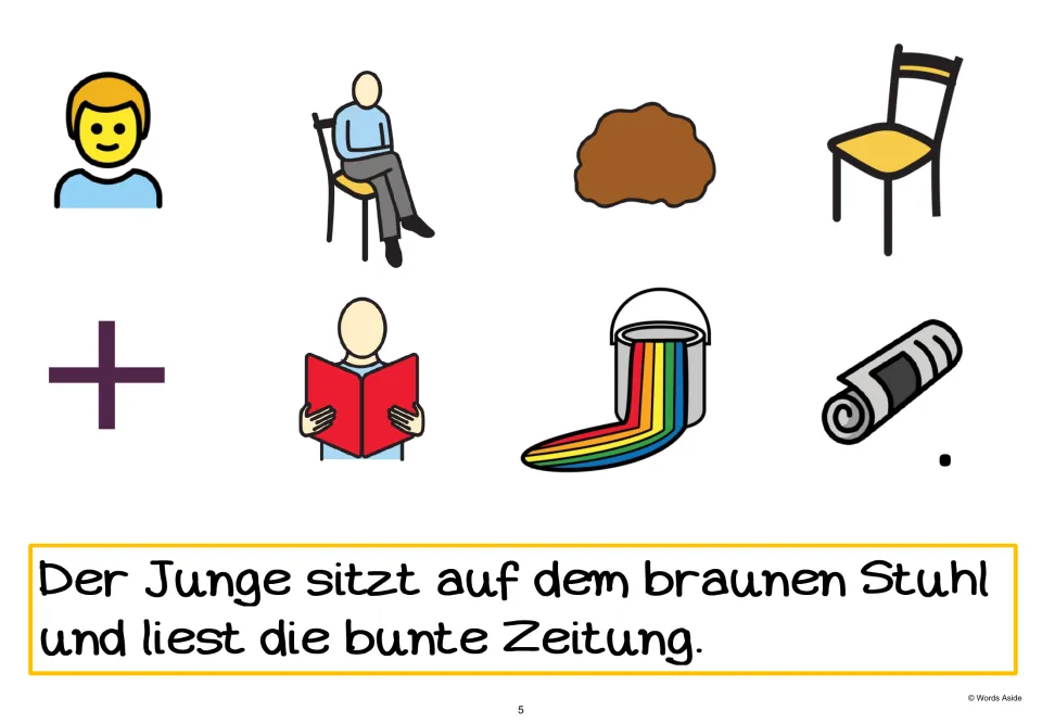 German AAC sentence-building page 5: the boy sits on the brown chair and reads the colorful newspaper