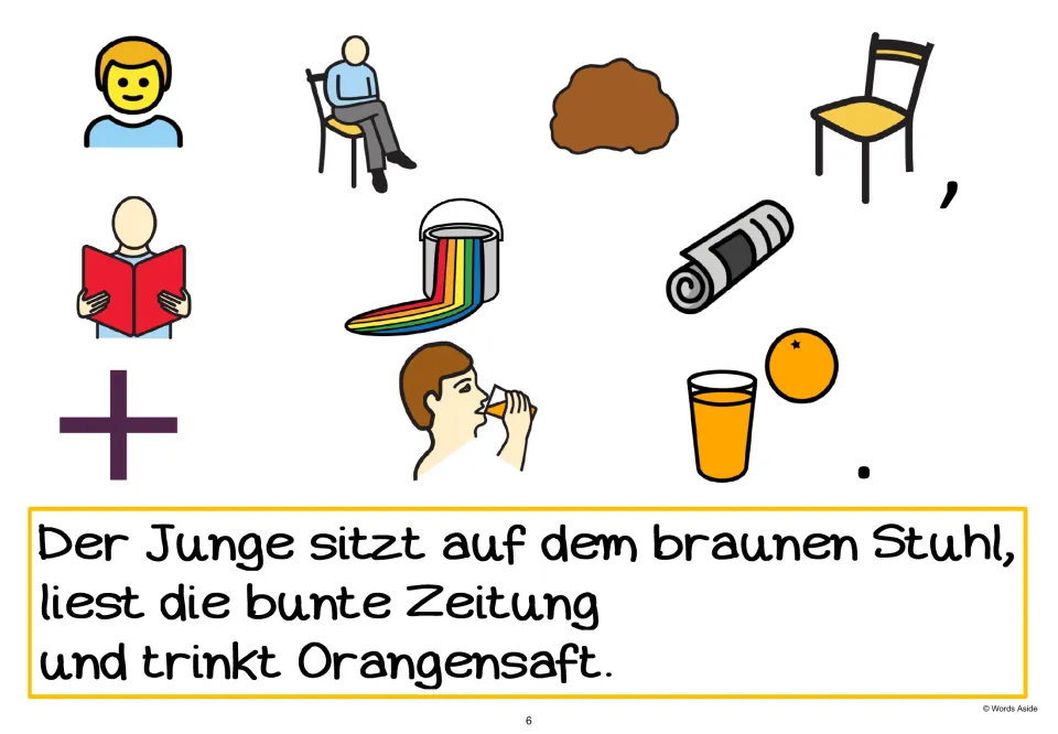 German AAC sentence-building page 6 adds “und trinkt Orangensaft” (and drinks orange juice), with symbols