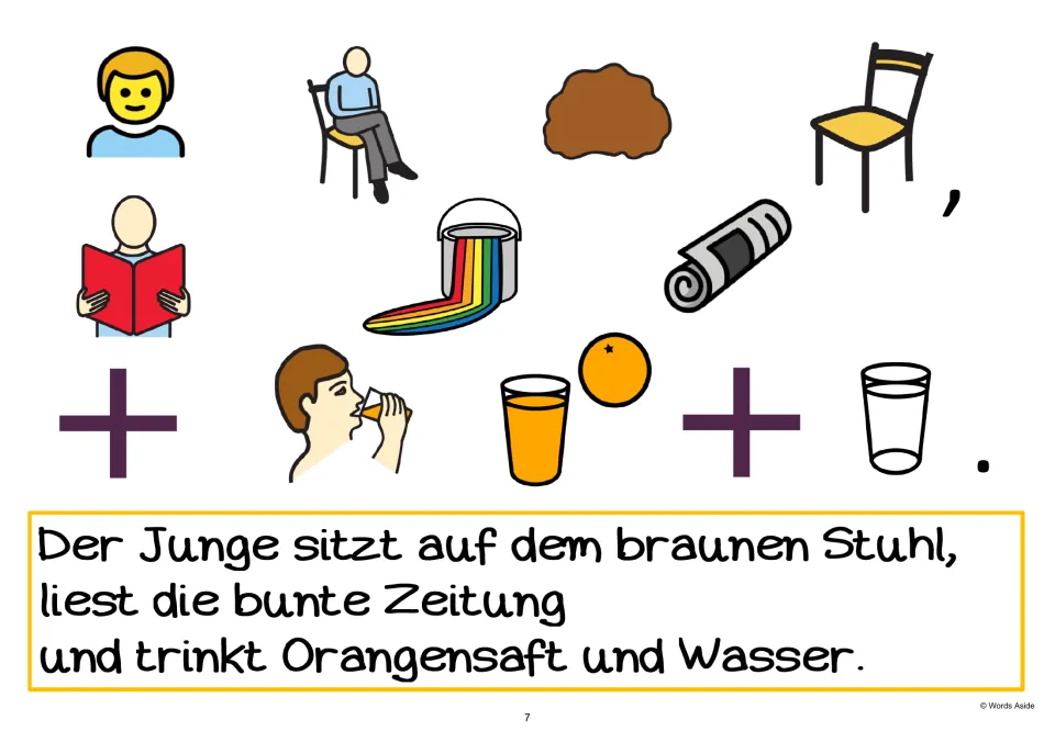 German AAC sentence-building page 7 adds “und Wasser” (and water) to the boy’s drinks, with symbol cues