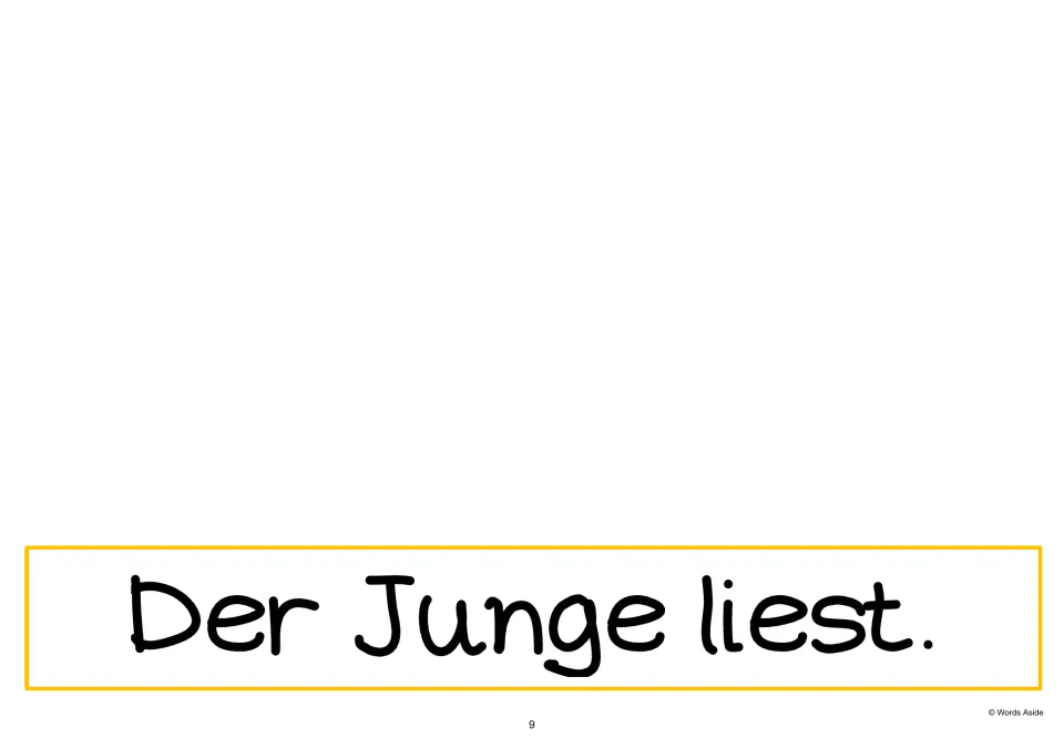 German AAC text-only page 9 repeats “Der Junge liest.” (The boy reads), the sequence’s opening sentence