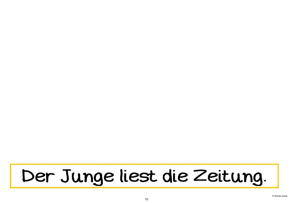 German AAC text-only page 10 repeats “Der Junge liest die Zeitung.” (The boy reads the newspaper)