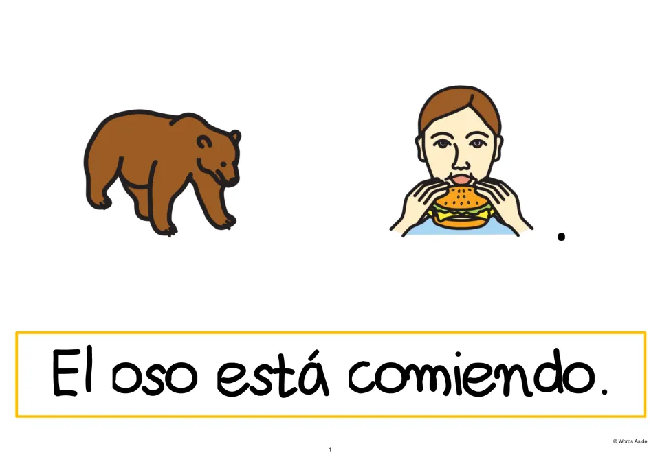 Spanish AAC sentence 1: “El oso está comiendo” (The bear is eating), supported by bear and eating symbols.