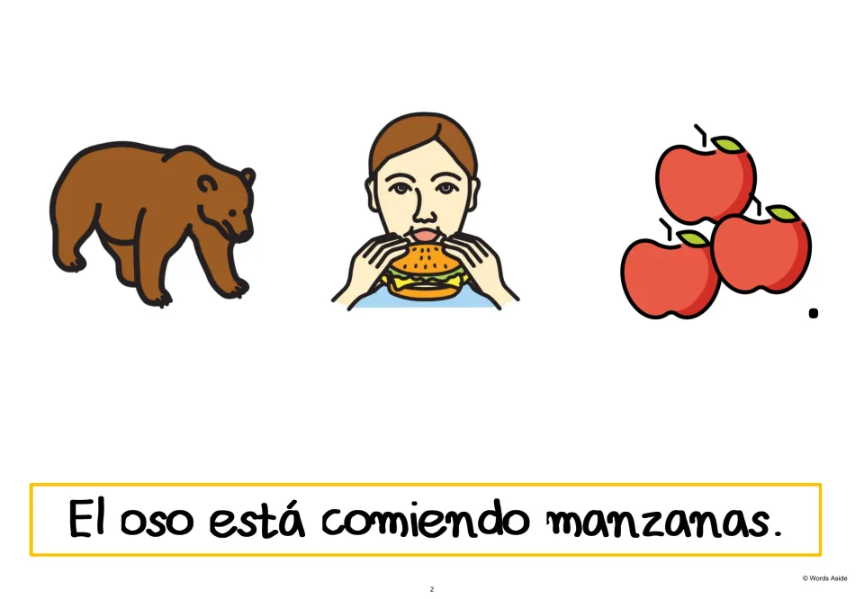 Spanish AAC sentence 2: “El oso está comiendo manzanas” (The bear is eating apples), with picture cues.