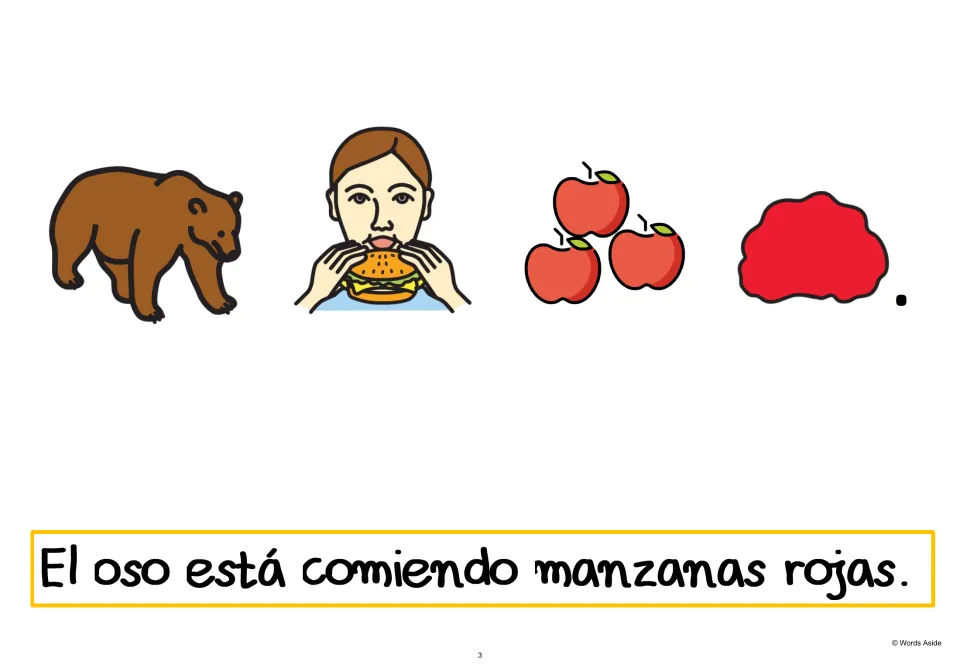 Spanish AAC sentence 3 adds “manzanas rojas” (red apples) to the bear's eating sentence, with picture cues.