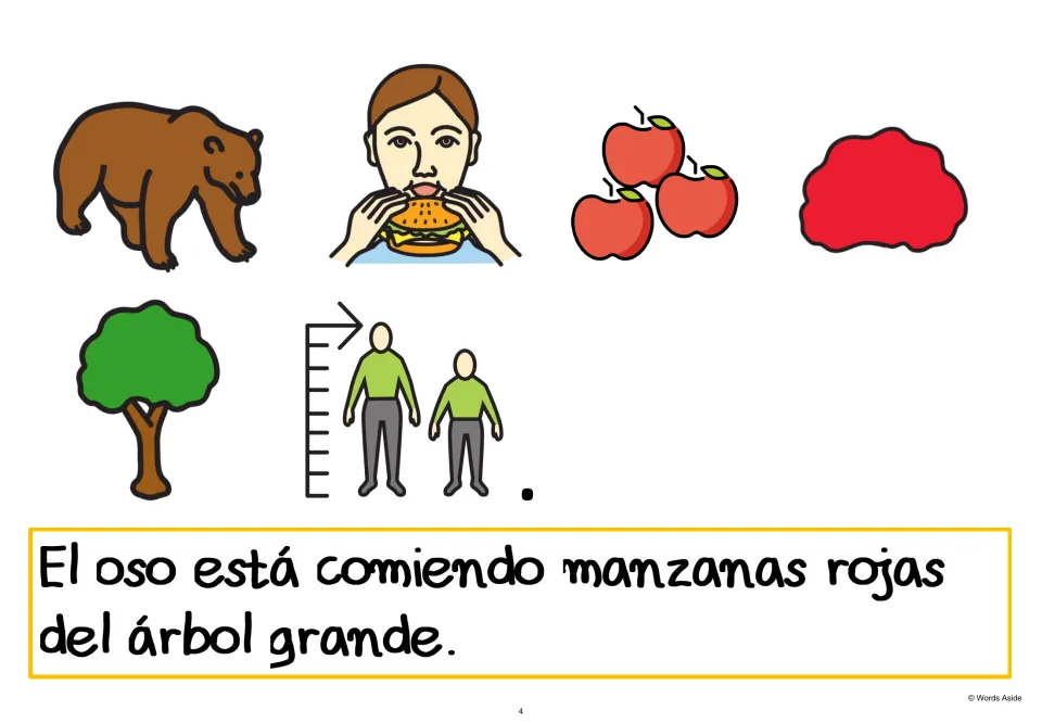 Spanish AAC sentence 4 adds “del árbol grande” (from the big tree) to the bear's red-apple sentence.
